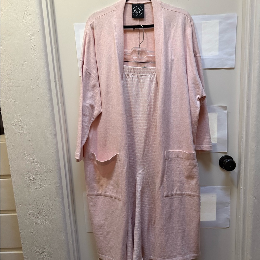 L Pale Pink Long Calf-Length Cotton Cardigan with Matching Striped Maxi Skirt